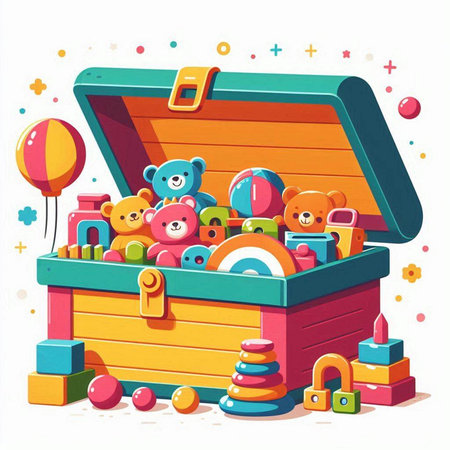 Wooden box with toys. Vector illustration of a childrens toy.のイラスト素材