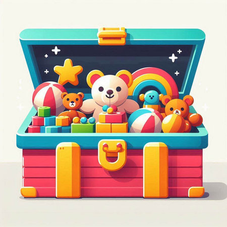 Colorful vector illustration of a wooden toy chest full of toys.のイラスト素材