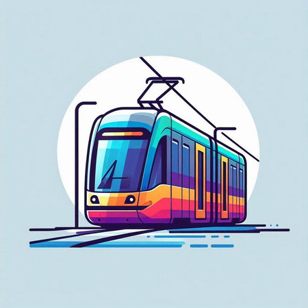 Modern tram on the background of the city landscape. Vector illustration.のイラスト素材