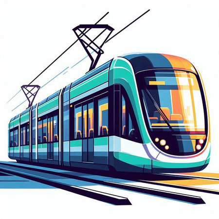 Modern tram on the background of the urban landscape. Vector illustration.
