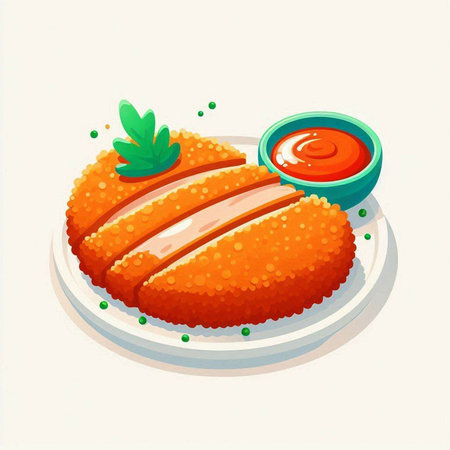 Breaded chicken cutlet on plate with ketchup. Vector illustration.のイラスト素材