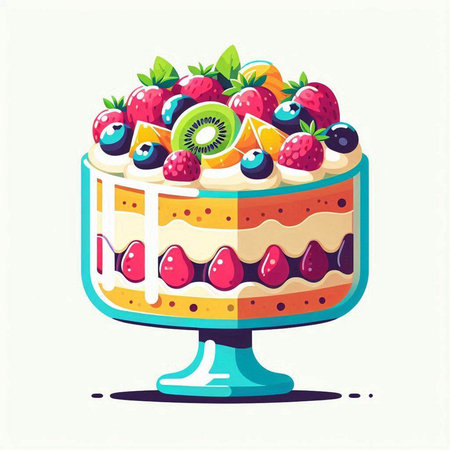 Piece of cake with berries. Vector illustration in cartoon style.