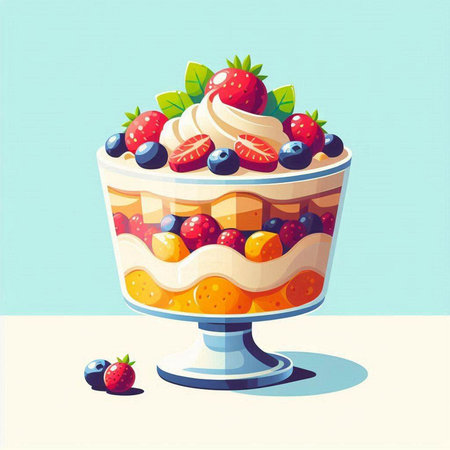 Fruit cake with whipped cream and fresh berries. Vector illustration.のイラスト素材