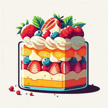 Fruit cake with whipped cream and fresh berries. Vector illustration.のイラスト素材