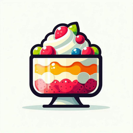 Cake with whipped cream and berries in a glass bowl. Vector illustration.のイラスト素材