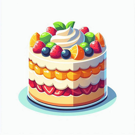Vector illustration of a cake with cream and berries on a white background