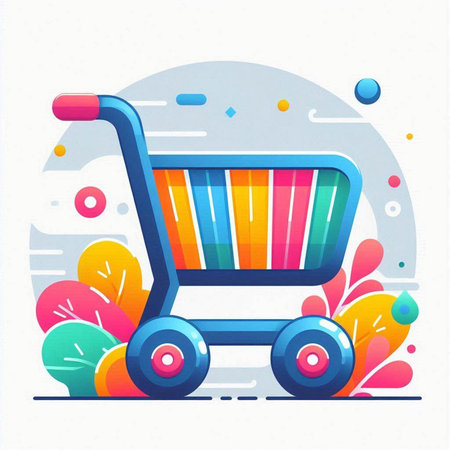 Colorful shopping cart on white background. Vector illustration in flat style.のイラスト素材