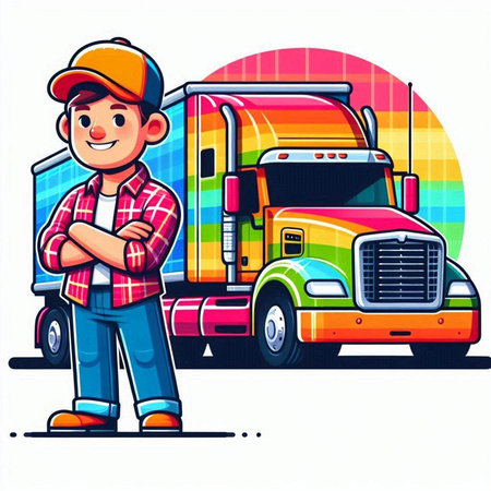 Vector illustration of a cartoon truck driver standing in front of his truckのイラスト素材