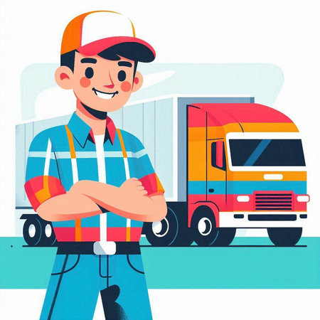 Truck driver standing in front of the truck. Vector illustration.のイラスト素材