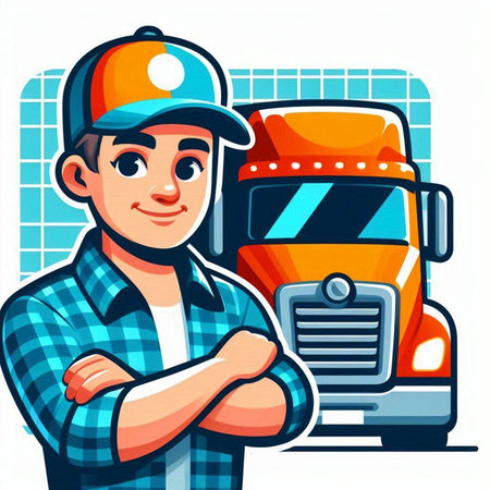 Vector illustration of a man in a cap standing with crossed arms next to a truck.のイラスト素材