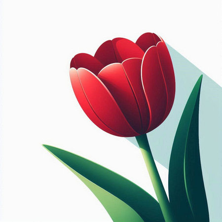 Red tulip with green leaves on a white background. Vector illustration.のイラスト素材