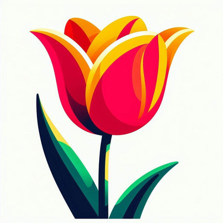 Illustration of a red tulip with green leaves on a white backgroundのイラスト素材