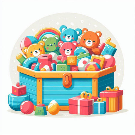 Cute teddy bears in a wooden box. Vector illustration.のイラスト素材