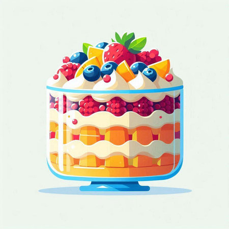 Cake with berries and cream in glass jar. Vector illustration.