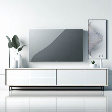 TV on the cabinet in the modern living room. 3d rendering