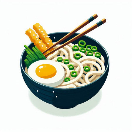 Illustration of a bowl of udon noodles with egg and chopsticksのイラスト素材