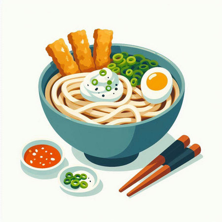 Japanese ramen noodle soup with egg and chopsticks on white background.のイラスト素材