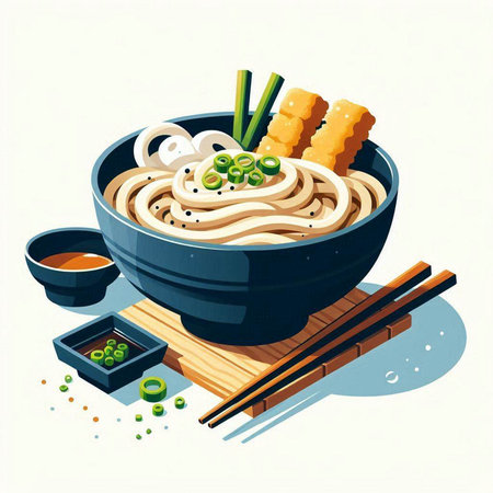 Illustration of japanese udon noodles in a bowl with chopsticks