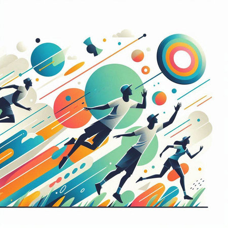 Colorful abstract geometric background with running people. Sport vector illustration.のイラスト素材