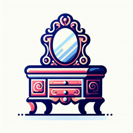 Vector illustration of a mirror on a chest of drawers in retro style.のイラスト素材