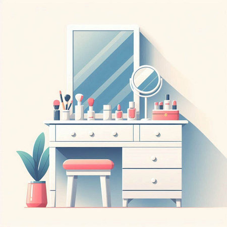 Vector illustration of a dressing table with mirror and cosmetics in a flat style