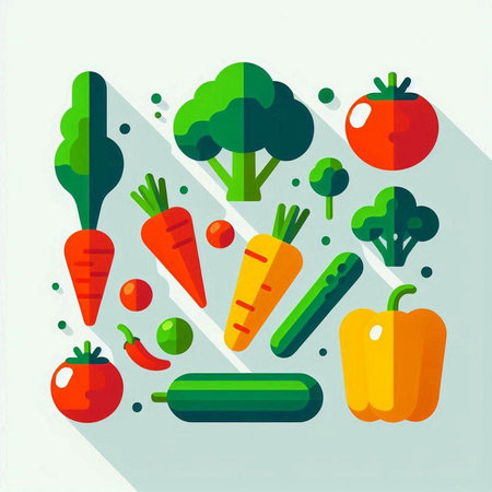 Vegetables flat icons with long shadow. Vector illustration. Healthy food concept.のイラスト素材