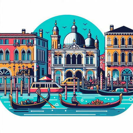 Gondolas on the Grand Canal in Venice, Italy. Vector illustration.のイラスト素材
