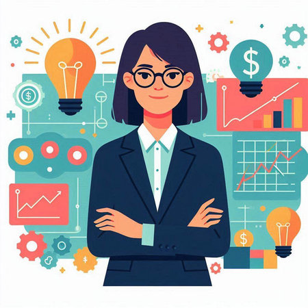Businesswoman standing with folded arms. Vector illustration in flat style.のイラスト素材