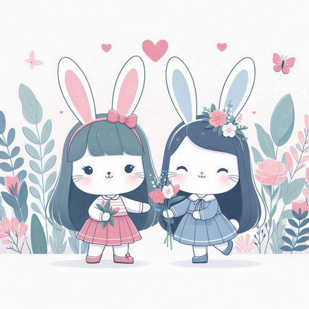 Cute little girls with bunny ears and flowers. Vector illustration.のイラスト素材