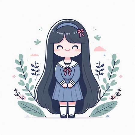 Cute little girl with long hair. Vector illustration in a flat style.のイラスト素材