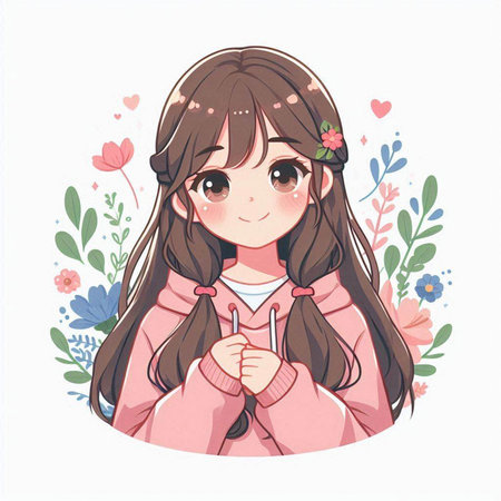 Cute cartoon girl with flowers. Vector illustration on white background.