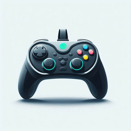 Realistic black video game controller on blue background. Vector illustration.