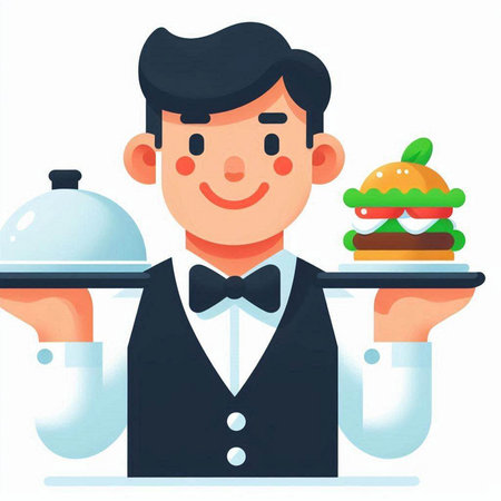 Waiter holding a tray with hamburger. Vector illustration in cartoon styleのイラスト素材