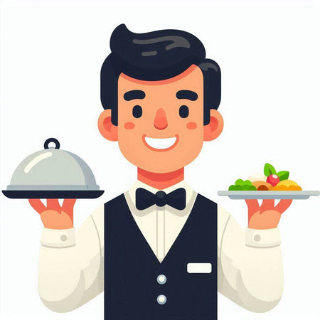 Illustration of a waiter holding a tray of food. Vector illustration in cartoon style.のイラスト素材