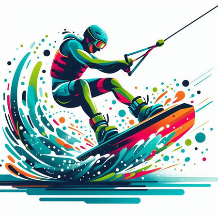 Vector illustration of a kitesurfing athlete running on the waterのイラスト素材