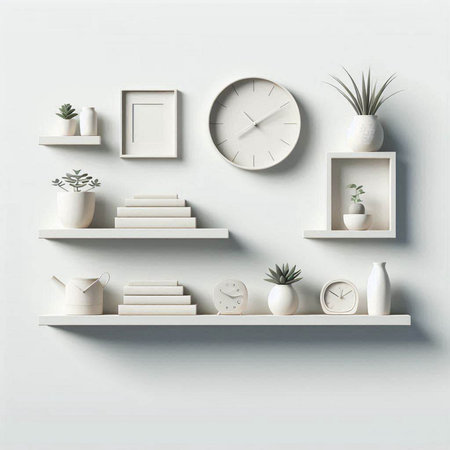 White bookshelves with decorative objects on the wall. 3d rendering