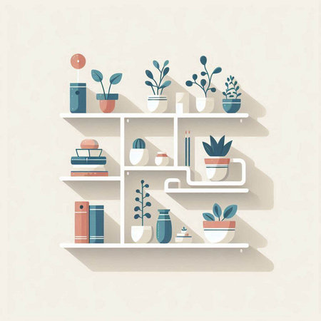 Vector illustration of a shelf with different home related objects in flat styleのイラスト素材