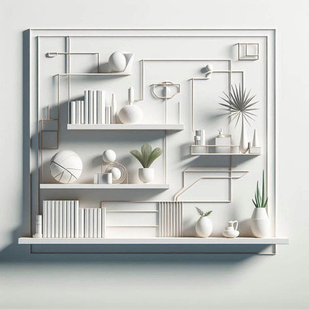 Shelf with books and potted plants in the interior. 3d rendering