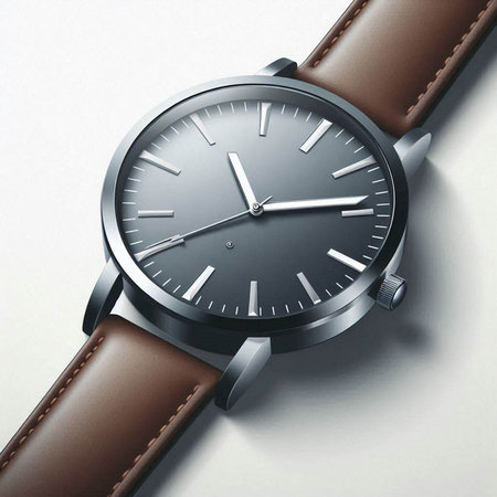 Men's wrist watch with brown leather strap on a white background.