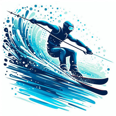 Beautiful young woman skier rides on a water ski. Vector illustration.のイラスト素材