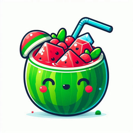 Cute cartoon watermelon smoothie in a coconut bowl. Vector illustration.のイラスト素材