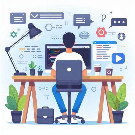 Man working on laptop in office. Freelance, remote work concept. Vector illustration in flat styleのイラスト素材