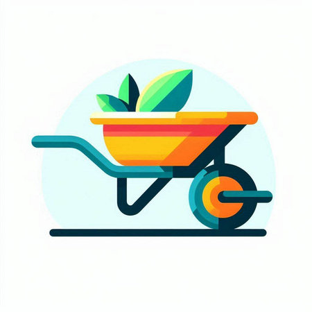 Wheelbarrow with leaves flat icon. Wheelbarrow with leaves vector illustration