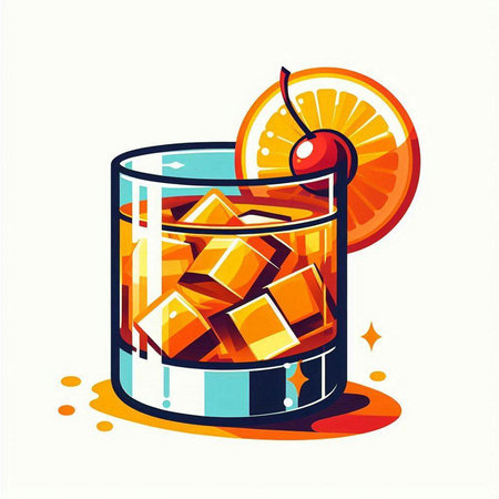Cocktail with orange, cherry and ice. Vector illustration.のイラスト素材