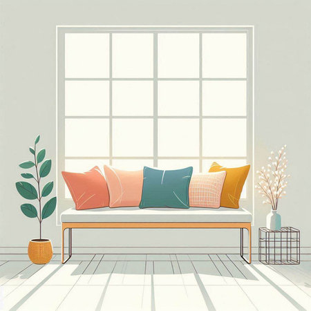 Illustration of a living room with a large window and a sofaのイラスト素材