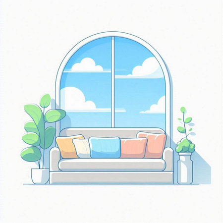 Living room interior with window, sofa and plant. Vector illustration.のイラスト素材