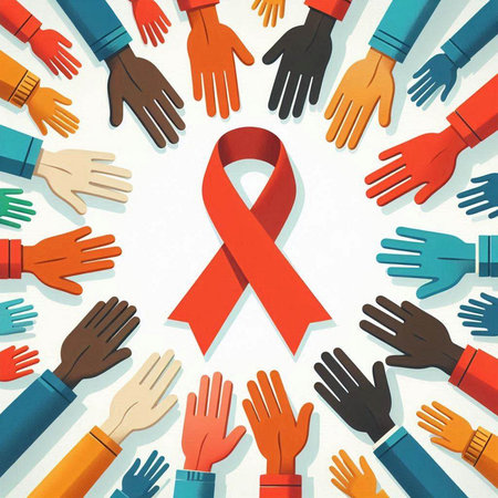 World Aids Day concept. Red ribbon with hands. Vector illustration