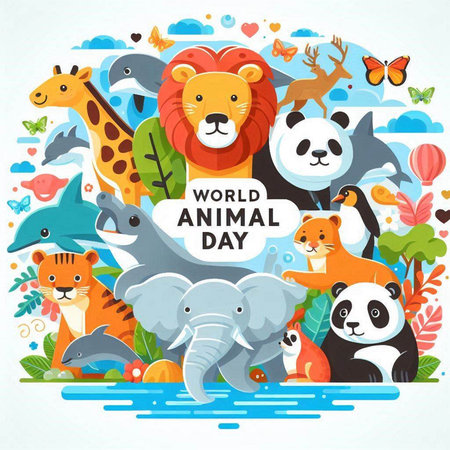 World animal day greeting card design with cute cartoon animals. Vector illustration.