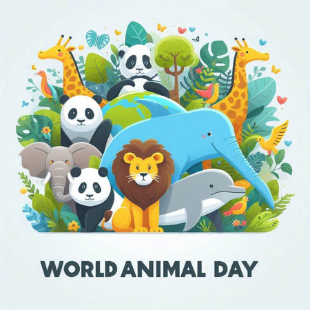World Animal Day greeting card with cute wild animals. Vector illustration.