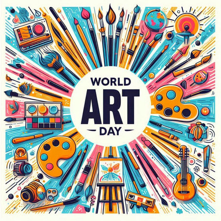 World art day poster with artist tools. Vector illustration in cartoon styleのイラスト素材